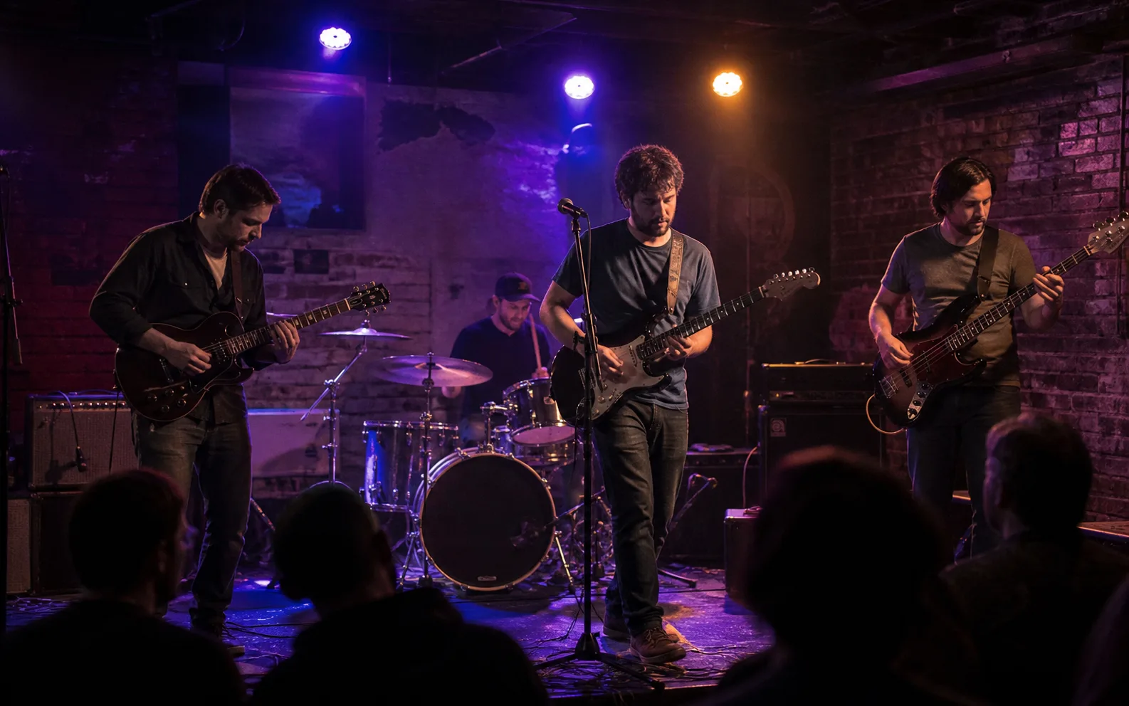 A four-piece band on the tavern stage under purple lights