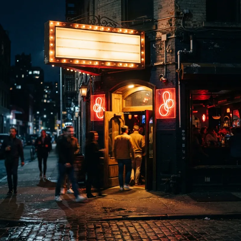 The tavern exterior at night