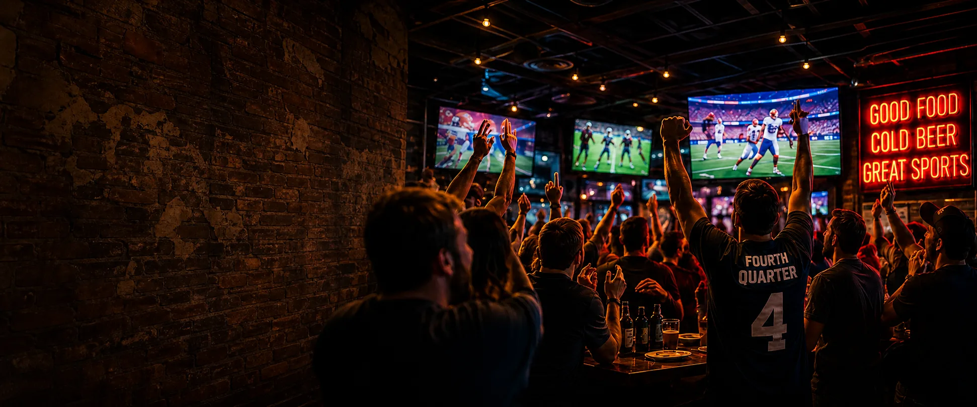 A packed house on game night under the Good Food, Cold Beer, Great Sports neon